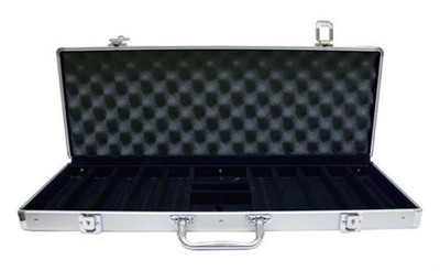 Open aluminum poker chip case showing chip compartments, 500-chip capacity