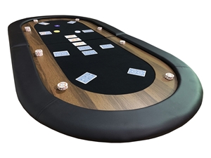 Black oval poker table top for 8 players, angled view